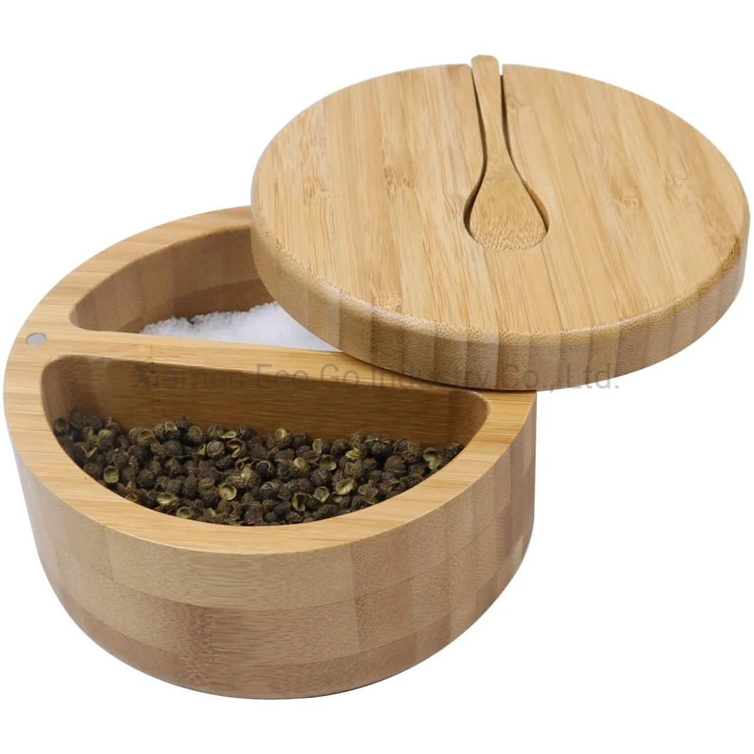 Bamboo Salt and Pepper Box Divided Salt Cellar with Swivel Lid and Spoon, Seasoning Containers with Magnetic Lid