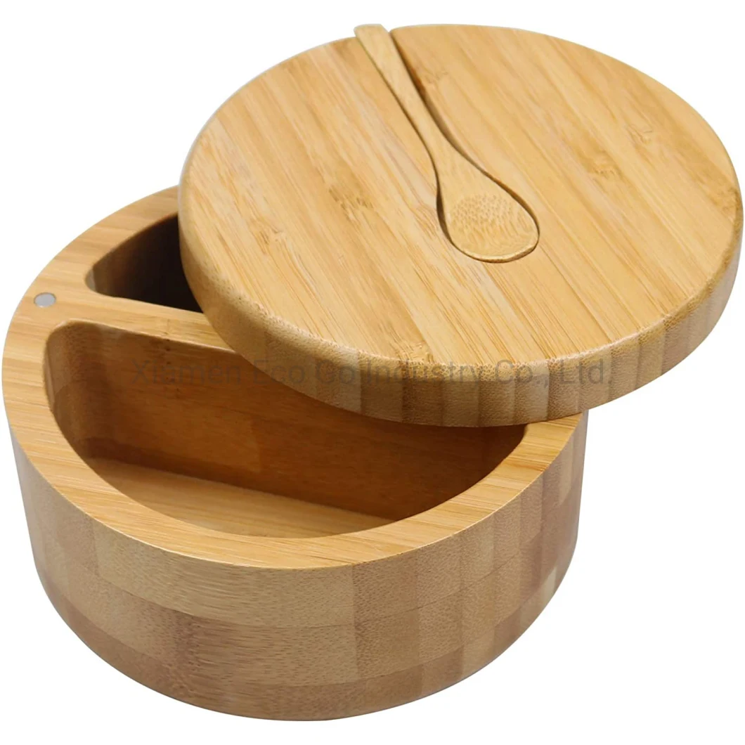 Bamboo Salt and Pepper Box Divided Salt Cellar with Swivel Lid and Spoon, Seasoning Containers with Magnetic Lid